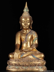 Golden Burmese Buddha Statue with Glass Mosaic 20"