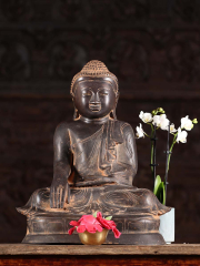 Antique Earth Touching Burmese Bronze Buddha Statue 15 1/2"
