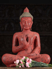 Pink Speckled Vitarka Mudra Cambodian Buddha Statue 25"