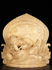 Hand Carved Reclining Ganesh Wood Statue 11"
