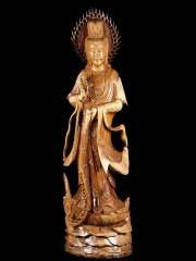(SOLD) Masterpiece Hand Carved Wood Kuan Yin Statue 64"