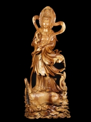 (SOLD) Large Hand Carved Kuan Yin on Fish Statue 82"