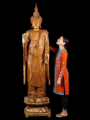 (RESERVED) Large Hand Carved Wood Crown Buddha Statue 91"