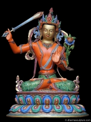 (SOLD) Gold Plated, Hand Painted Manjushri Statue 10"