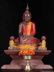 Burmese Wood Buddha Statue with Disciples 12"