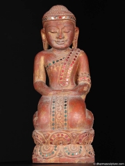 Kneeling Burmese Wood Buddha Statue with Glass Mosaic 13"